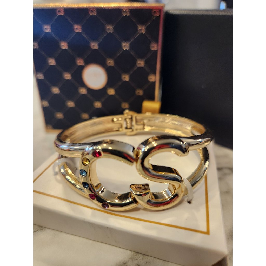 Color Street Gold Tone Rhinestone Encrusted Cs Monogram Bracelet In Gift Box